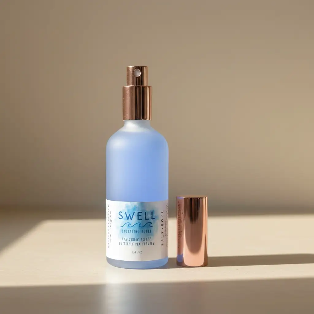 Blue bottle with copper cap on a beige surface.

“Swell” is a hydrating toner mist made to support your skin’s barrier and lock in moisture. Use after cleansing and before moisturizing for a refreshed and plump feel.

Available at Luca Essentials in Los Angeles. 