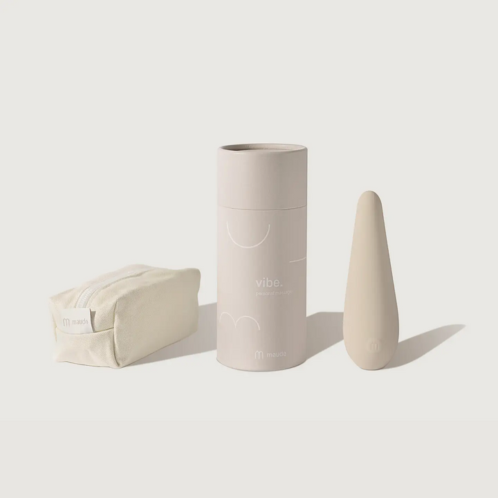 A grey cylindrical container and a grey electrical device with a grey zipper carrying case.

Vibe is a discreet, easy-to-use 3-speed personal massager made with 100% soft-touch silicone. 

Available at Luca Essentials in Los Angeles. 