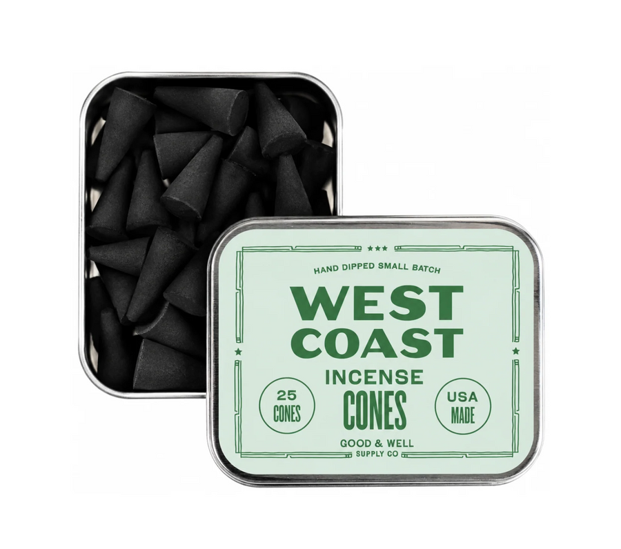 Tin of West Coast Incense Cones with green label on a white background. Available at Luca Essentials in Los Angeles. 