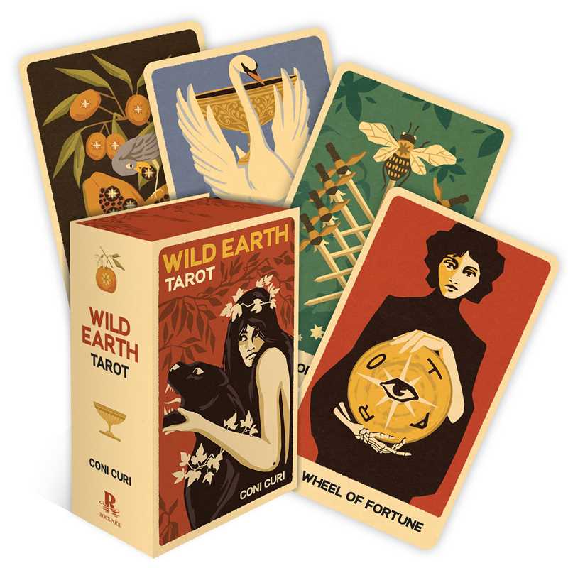 Wild Earth Tarot cards with a red and beige box and four tarot cards fanned out around the box featuring the wheel of fortune card, a card with a bee on swords, and a swan on a white background. Available at Luca Essentials in Los Angeles. 