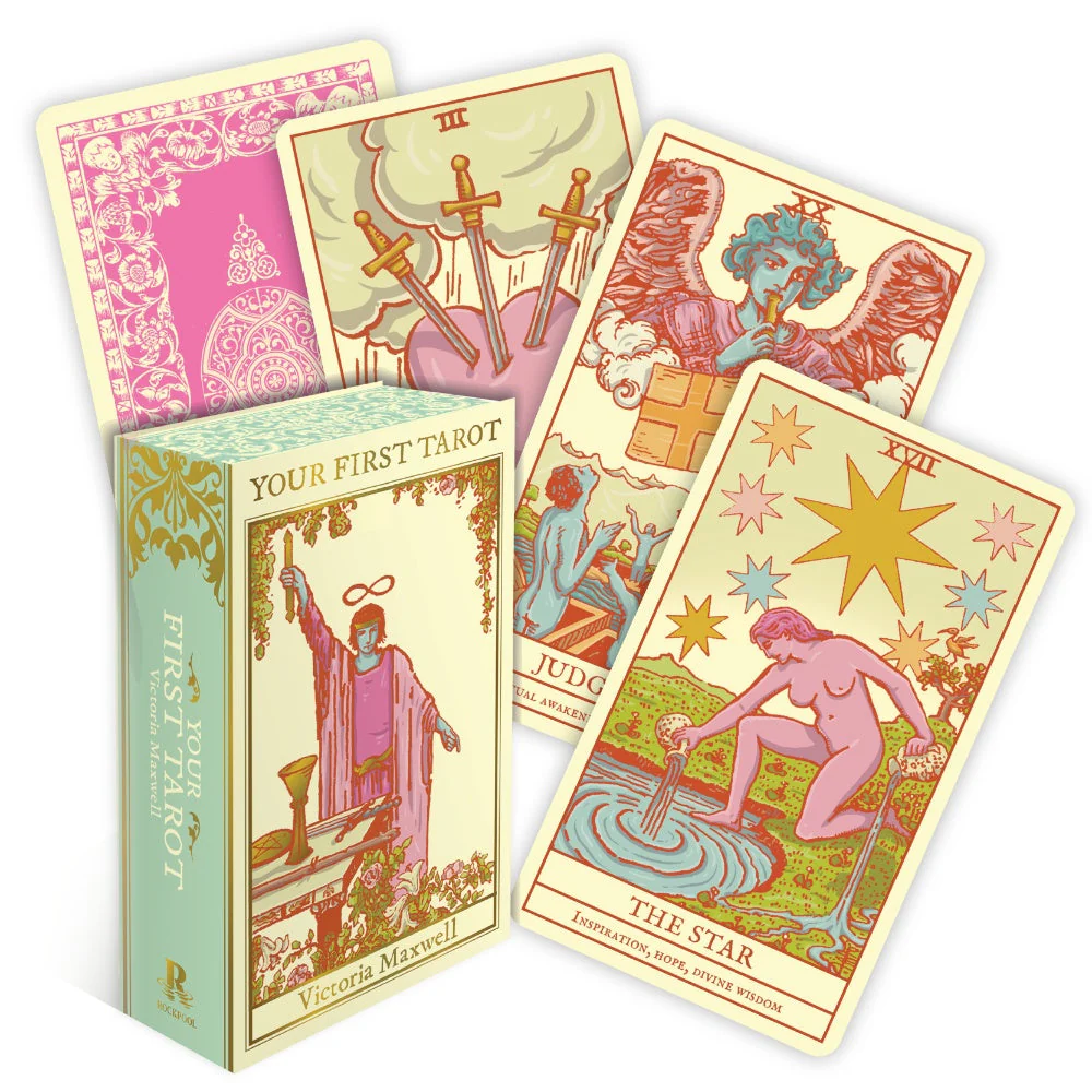 Collection of colorful, pastel tarot cards with a box labeled 'Your First Tarot' on a white background.

Cute colours and a modern take on the traditional Rider-Waite-Smith tarot make this fabulous deck stand out. Unlike standard tarot decks, this one includes the meanings on the cards, creating an easy-to-use introduction to tarot reading—no booklet needed to start with, but one is included to develop your practice. 

Available at Luca Essentials in Los Angeles. 