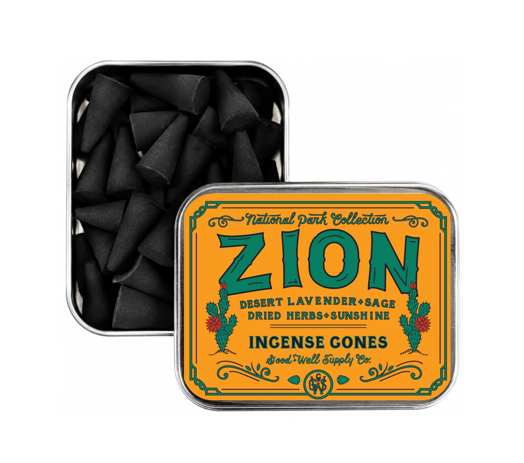 Incense cones in a tin labeled 'Zion' with cactus design on a white background. Available at Luca Essentials in Los Angeles. 
